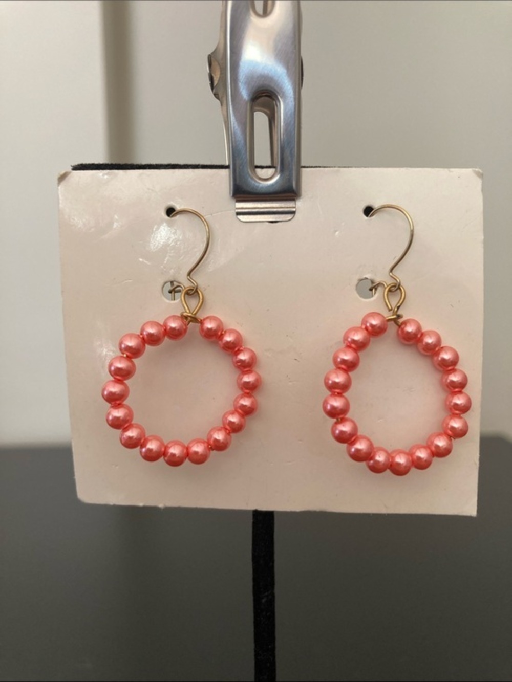 Gold Hoop Earrings with Coral Pink Beads